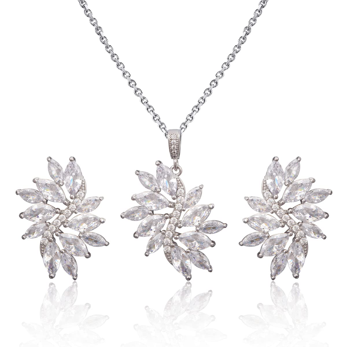 MycittaBridal Jewelry Set for Wedding - Women's 14k Plated Sterling Silver Marquise Cubic Zirconia CZ Crystal Big Leaf Flower Floral Cluster Necklace Stud Earrings Set for Bride Bridesmaids Party Prom
