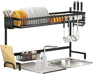Séchoir à Vaisselle au-Dessus de l'évier, séchoir à Vaisselle en Acier au Carbone à 2 Niveaux avec égouttoir à Vaisselle Enroulable pour la Maison, Rangement pour Organisateur de Cuisine