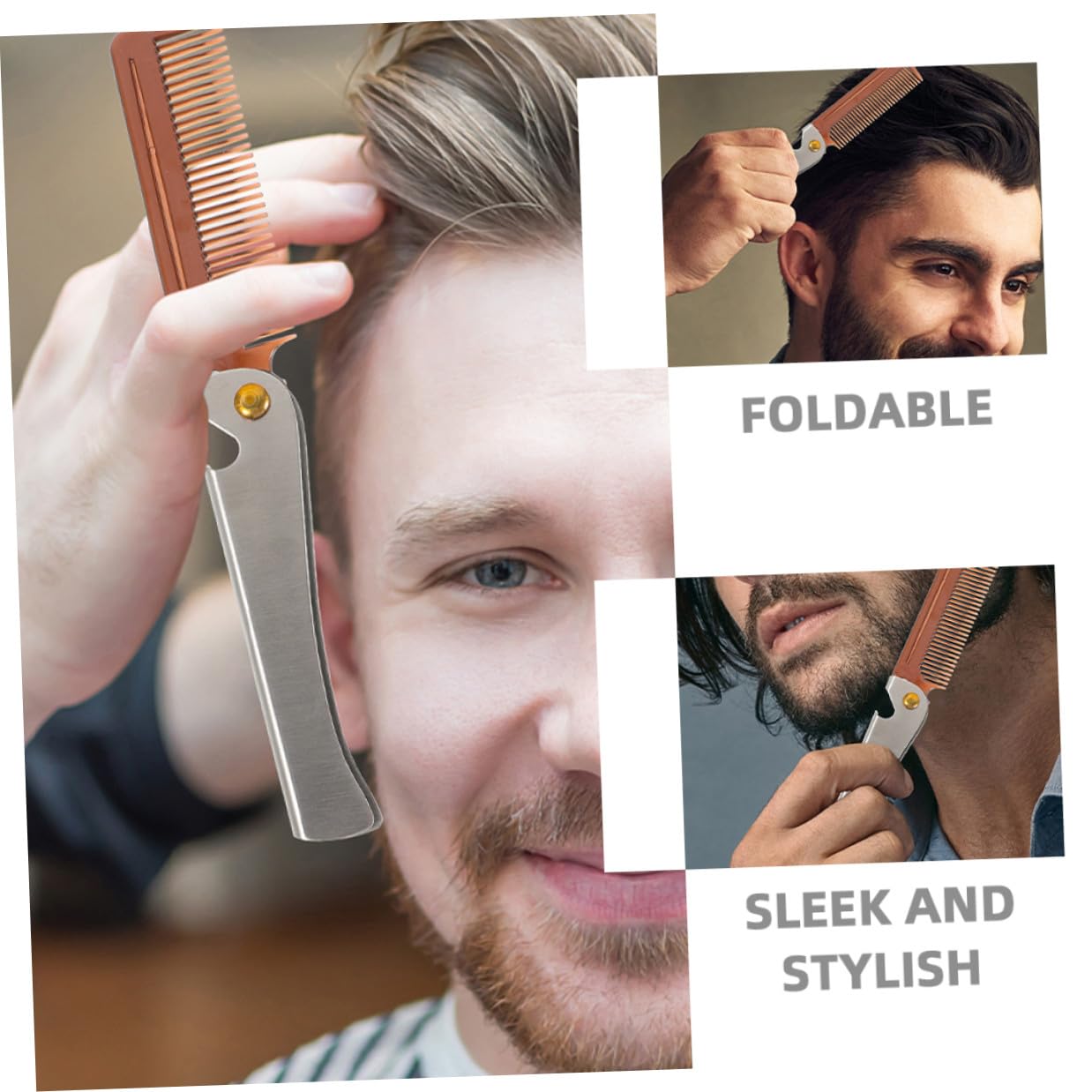 2pcs Stainless Steel Folding Mustache Comb Beard Grooming Tool Portable Travel Hair Comb with Bottle Opener for Men