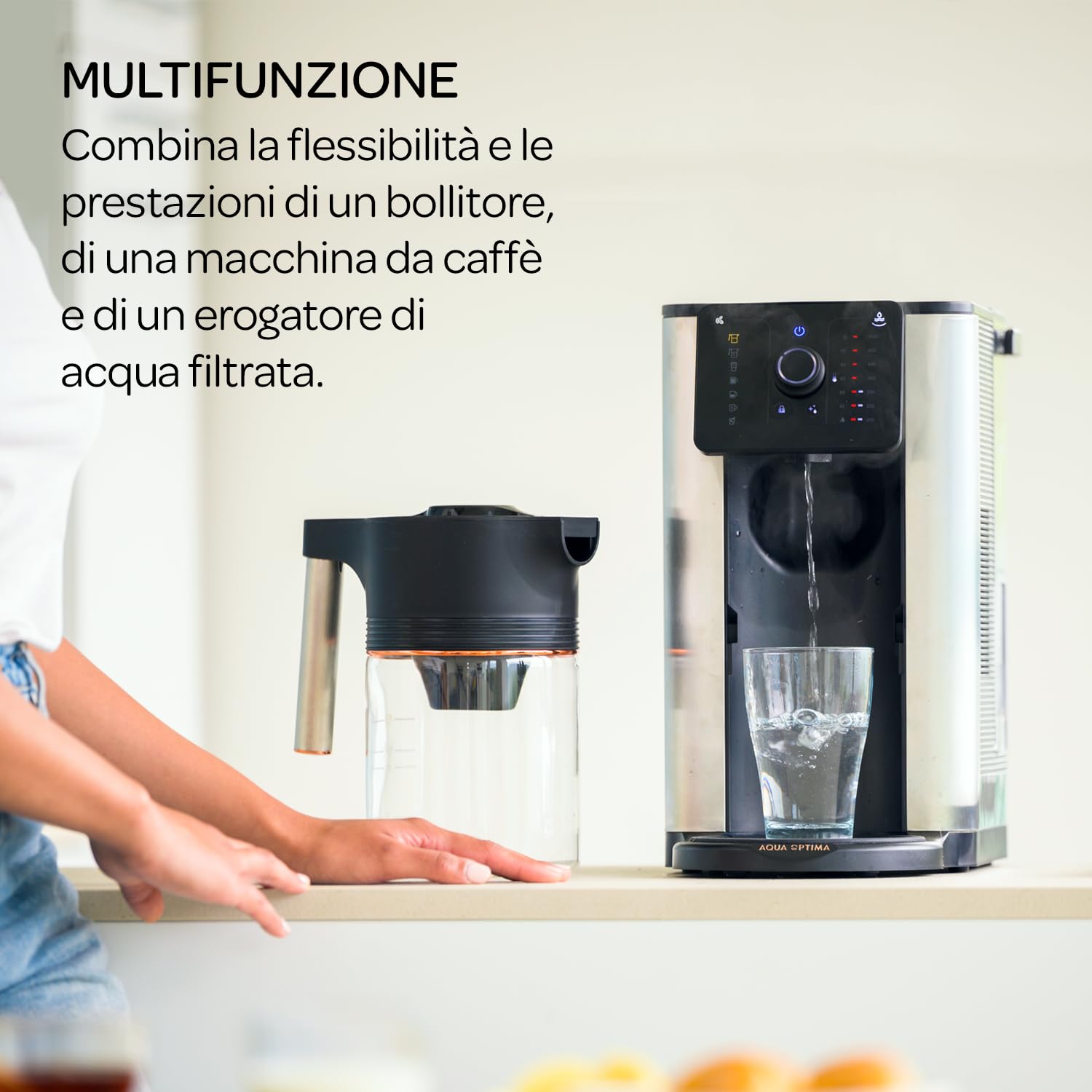Aqua Optima Aurora Macchina da Caffè Filtrato e Distributore di Acqua Filtrata, 1 Filtro Evolve+ da 30 giorni, Risparmio Energetico, Multiuso, Temperatura ed Erogazione Variabili e Avvio Immediato