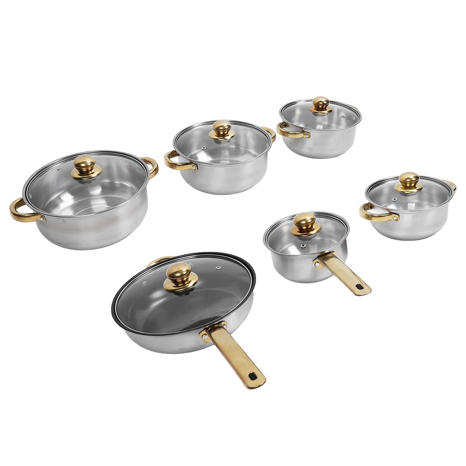 Generic Zestaw naczyń ze Stali Nierdzewnej, Nierdzewny, Elegancki Design, Wielofunkcyjne Patelnie i Garnki do Domowej Kuchni, 6 Sztuk (Złoty uchwyt)
