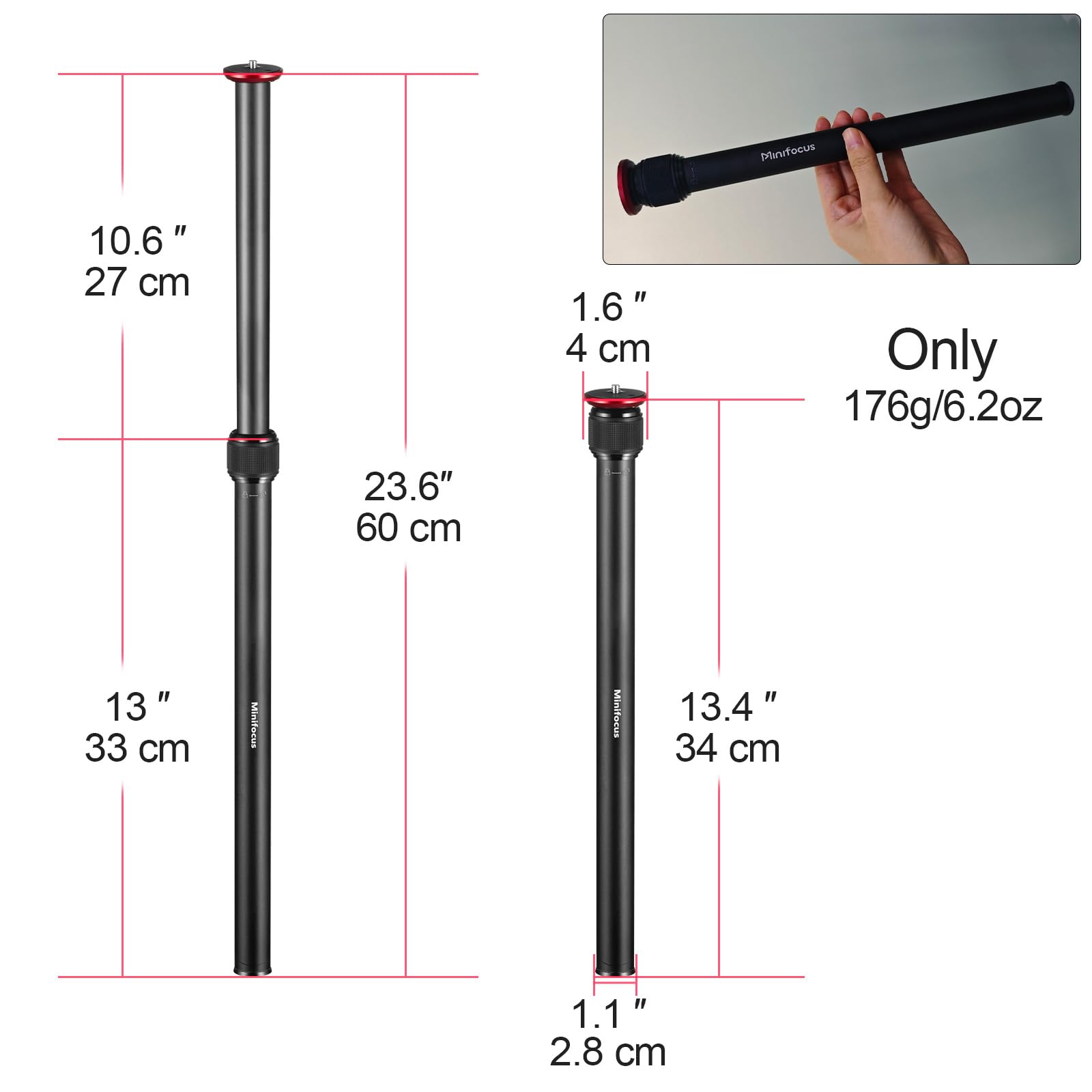Przedłużenie statywu, 2 sekcyjne kolumny środkowe, rura przedłużająca do statywu ze stopu aluminium 23,4", drążek teleskopowy ze śrubą 1/4", 3/8", kompatybilny ze statywem/gimbalem/kamerą, maksymalne