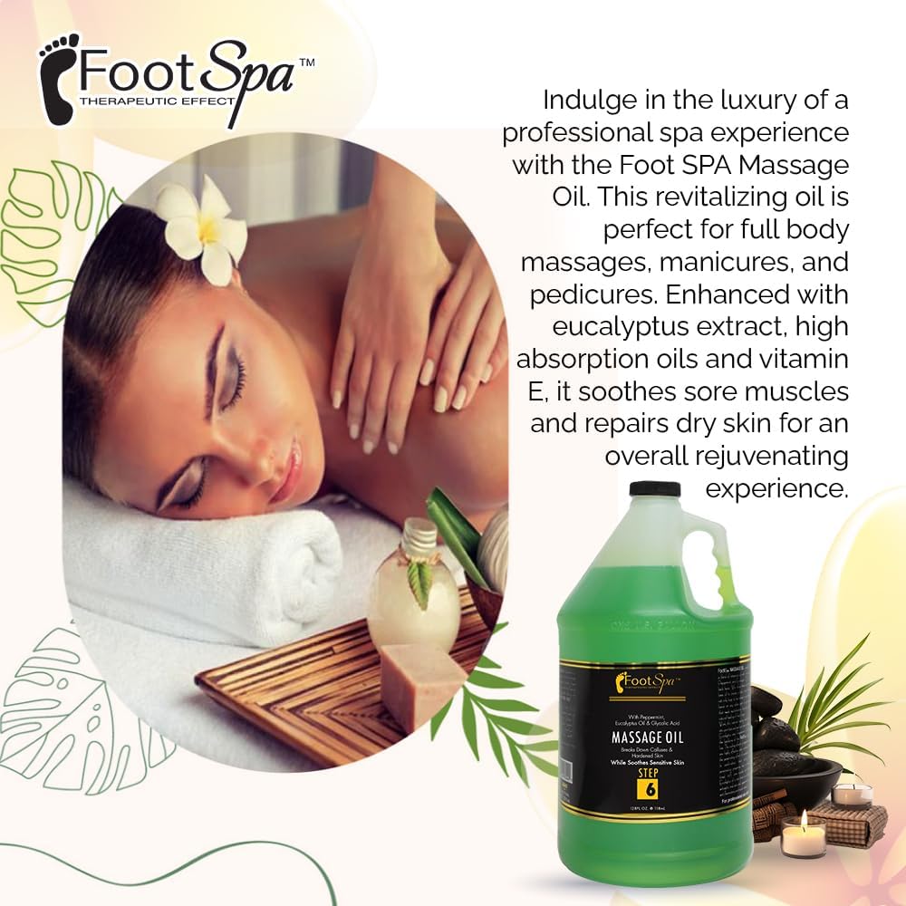 Foot SPA - Massage Oil, Eucalyptus Extract, 128 Oz - Professional Full Body Massage Therapy, Manicure, Pedicure - Relax Sore Muscles and Repair Dry Skin, Enhanced with High Absorption Oils, Vitamin E - Image 3