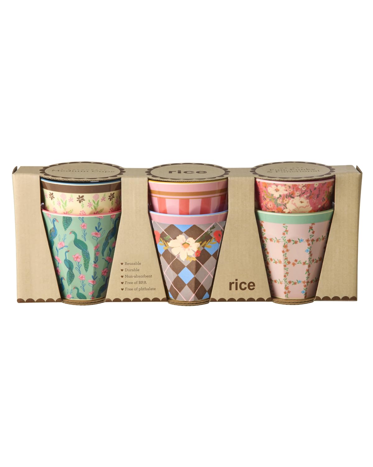 ReWu Rice Lot de 6 gobelets en mélamine – Motif paon et fleurs – Gobelets pour enfant – Vaisselle de camping – Gobelets en mélamine incassables sans BPA 250 ml