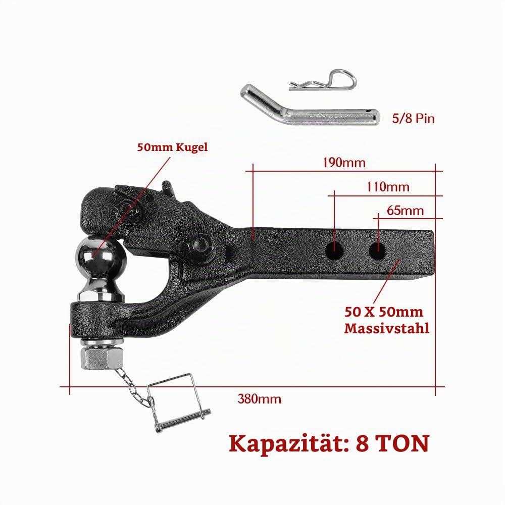 Anhängerkupplung aus Schmiedestahl – 50 mm Kugelkopf 10 t Zugkraft,für Traktor/LKW/Industrie(380mm Länge)