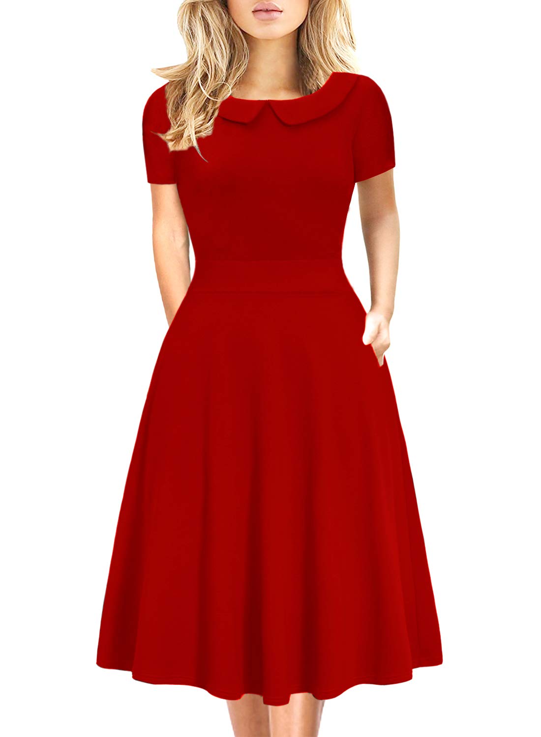 Womens Elegant Vintage Dresses Knee Length Casual Floral Print Work Party Peter Pan Collar A-Line Dress with Pockets