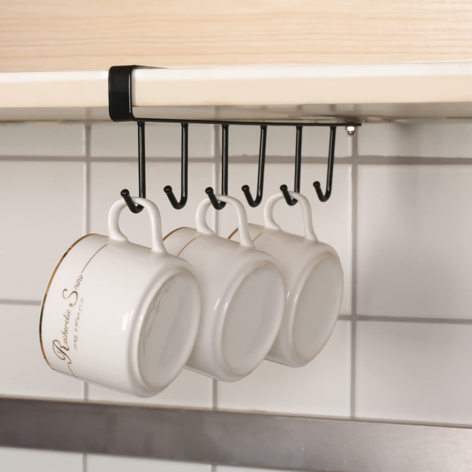 SHEEPPING 3 Soportes Para Tazas Sin Taladrar: Ganchos Para Armario De 6 Ganchos Cada Uno - Organiza Tus Copas Y Utensilios (Negro, 27cm)