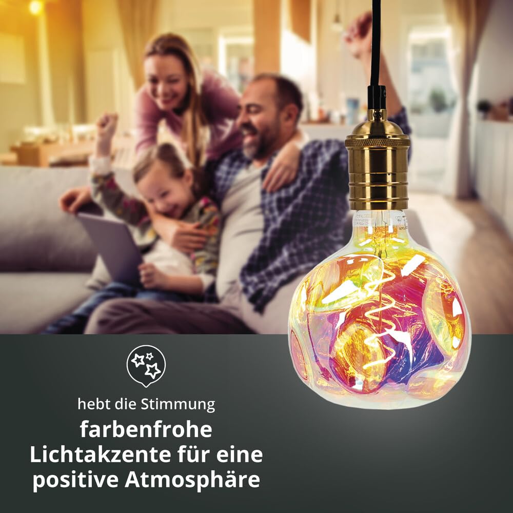 LED Deko-Leuchtmittel Spiral-Filament Glühlampe "Alien" kugelförmig multichromatisch verspiegeltes irisierendes Glas Sockel E27 4W G125 1800K/Amber 250lm Ø125xH173mm