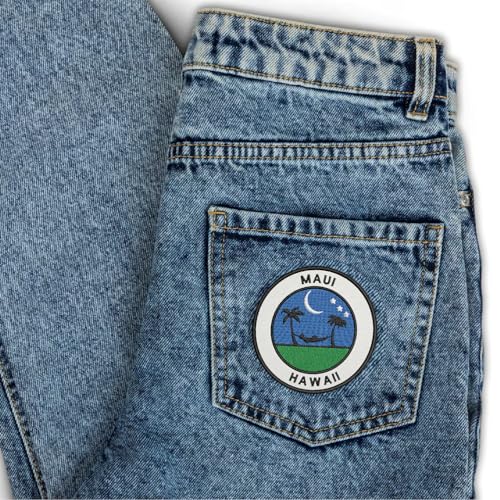 Image of ISEE 360 Maui Hawaii Round Embroidery Sweable Patches Applique for Motorcycle Jackets Shirts Bags Jeans Top T Shirts Sweable Embroidered Patches for Any Type Garments ETC L x H 3 x 3 Inch