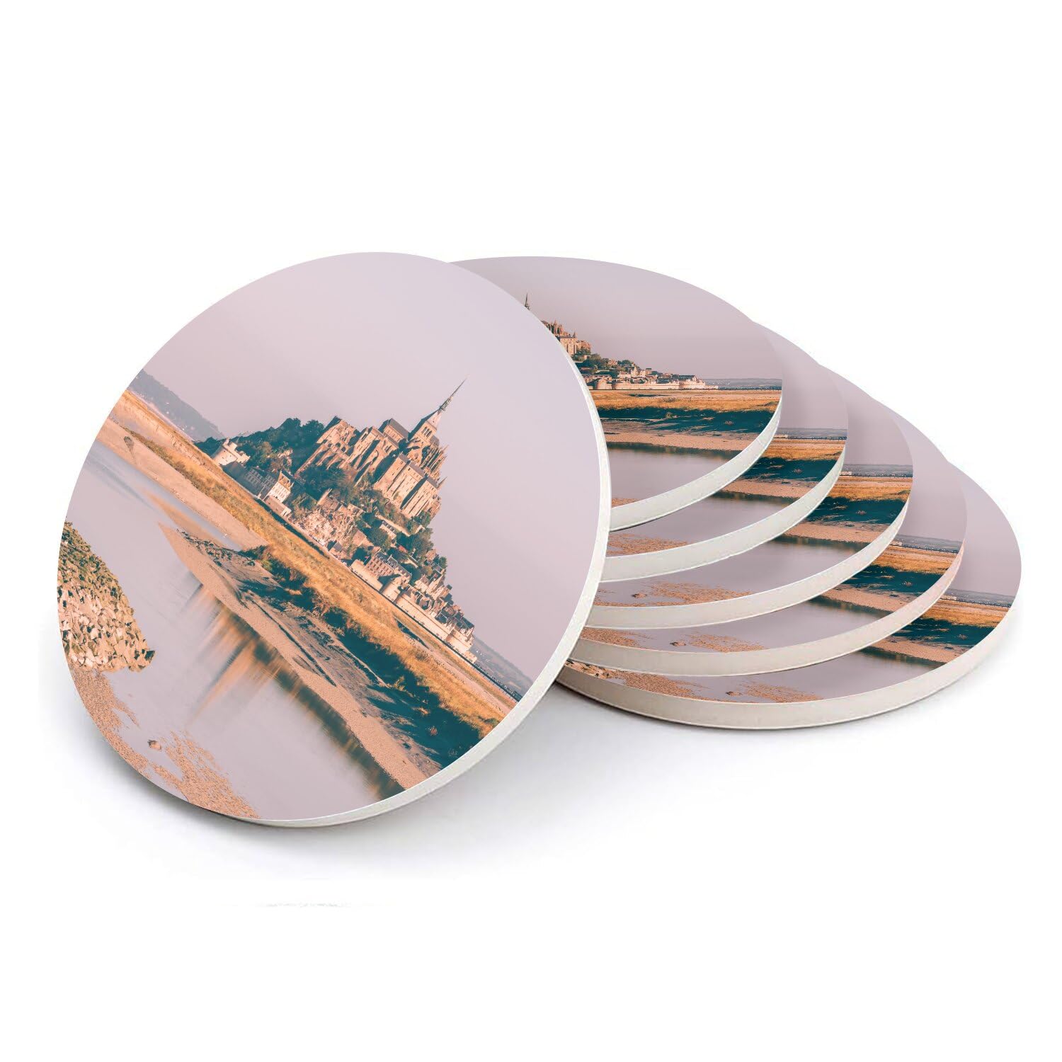 Sous-verre ronds en céramique Mont Saint-Michel, lot de 6 dessous de verre 108x108mm