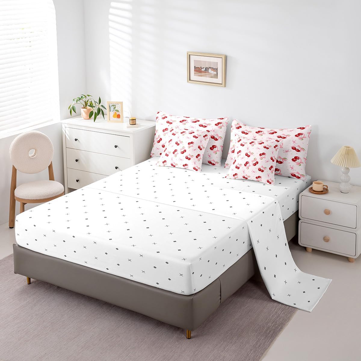jejeloiu Bowknot Cherry Comforter Set King Size for Boys Girls 7 Pieces