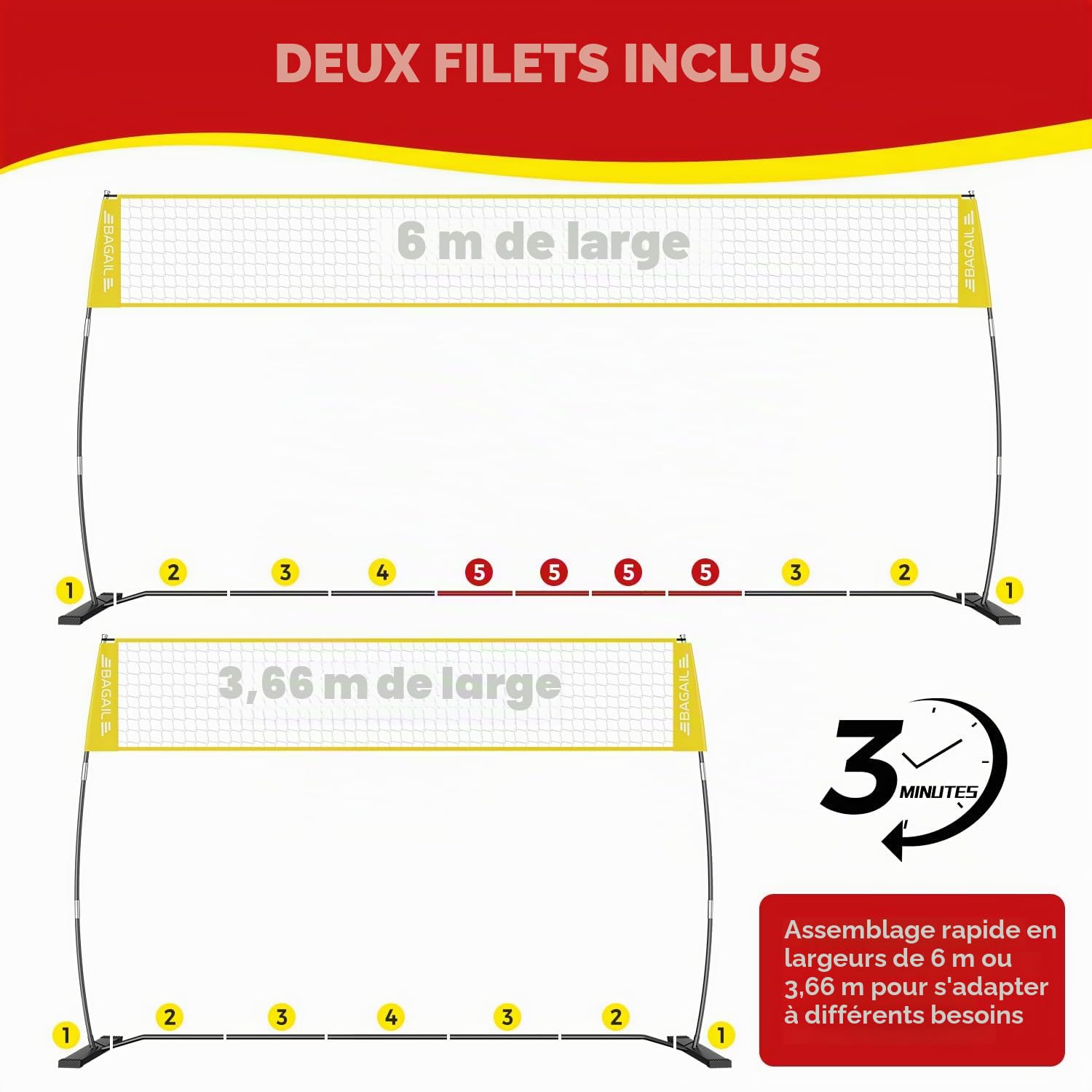 BAGAIL Filet de Volley-Ball, Portable pour Le Jardin | Hauteur Réglable, Cadre Robuste, Conception Autoportante - Set de Volley-ball, avec Sac de Transpor