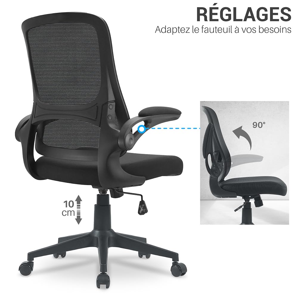 Waytex Fauteuil de Bureau Ergonomique Tissu et Maille – Accoudoirs Relevables – Réglable en Hauteur – Mécanisme Basculant – pour Professionnels et particuliers - Noir