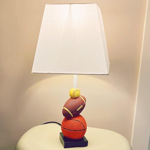 Miniatura 6 de HERBESTBAY Lámpara de mesa para niños, adorable diseño de fútbol, baloncesto y béisbol de 14 pulgadas con bonita pantalla, lámpara temática