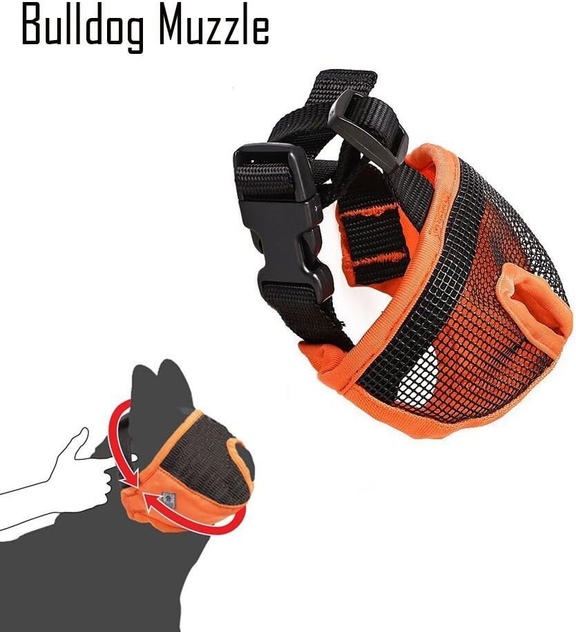Short Snout Dog Muzzle Adjustable Bulldog Muzzle Breathable Mesh Dog Muzzles Mask for Stop biting barking M ,Orangge