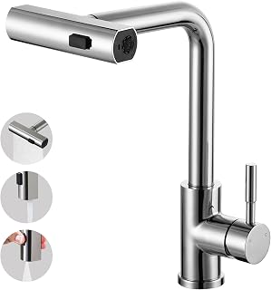 Wasserhahn Küche Ausziehbar, Mischbatterie mit Brause Hochdruck Wasserfall Spültischarmatur 360° Drehung Edelstahl Armatur Küche, 3 Wasserstrahlarten, Chrom