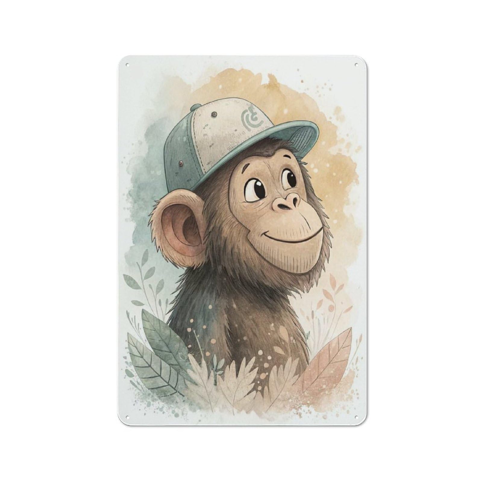 Junmoney Style-14 30X20cm Rustic Metal Wall Sign With Cute Monkey Wearing A Baseball Cap For Living Room Wall, Metal Sign Decor For Living Rooms And Feature Walls