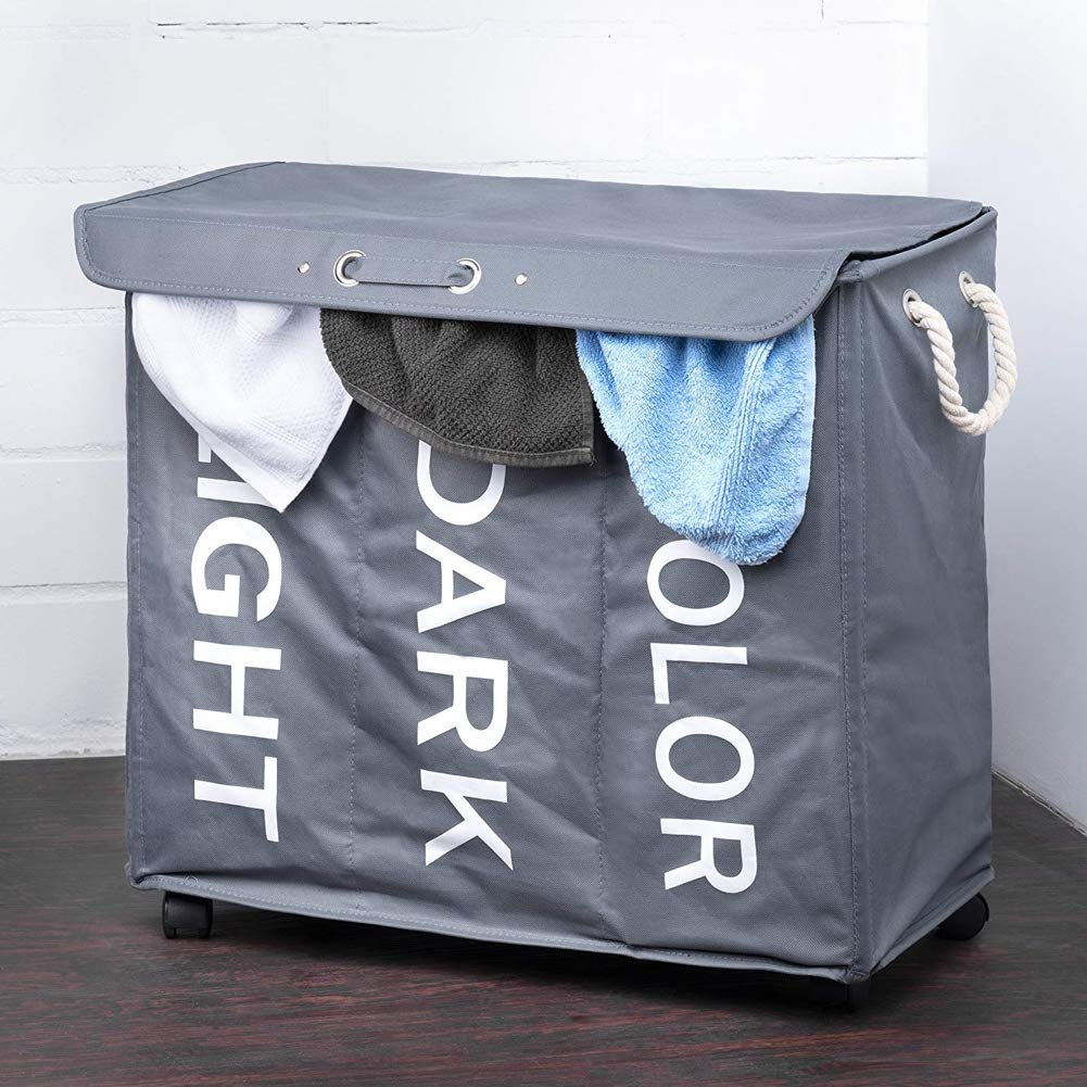 Bakaji Panier à linge sale à 3 compartiments à linge 3 espaces en tissu Oxford pliable avec roues et poignées, dimensions 63 x 35 x 57 cm (gris)
