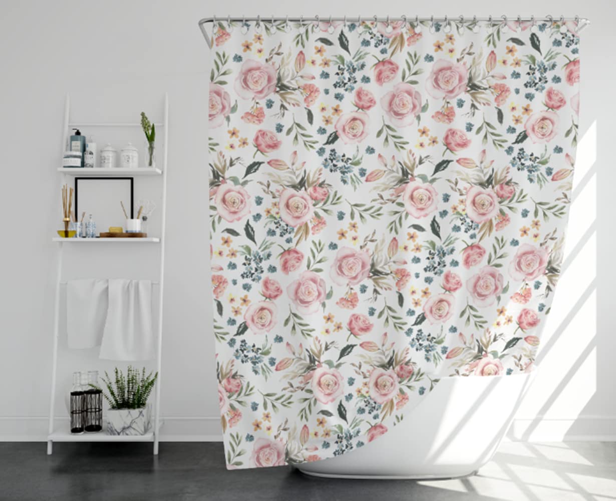 Three Oaks Peony Farmhouse Fabric Boho Shower Curtain, Watercolor Floral Bathroom Botanical Meadow Decoration Shower Curtain Sets 72X72 Inch With Hooks
