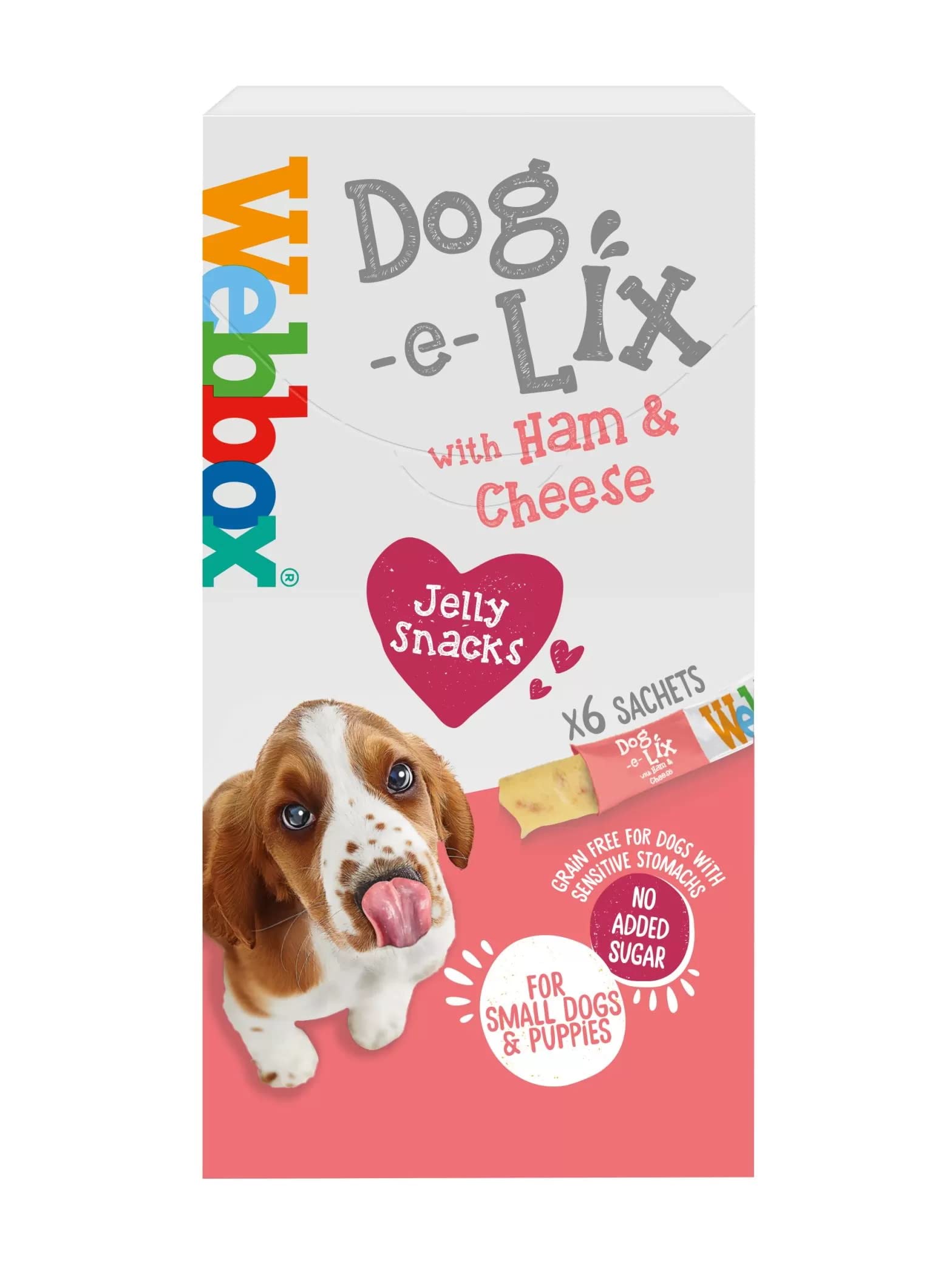 WUNDAPETS WEBBOX DOG-E-LIX WITH HAM & CHEESE TASTY JELLY SNACK DOG TREATS 90G 6 SACHETS