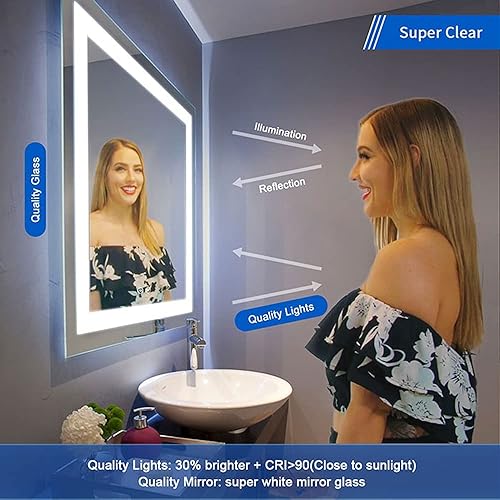 Miniatura 5 de Espejo de baño LED de 36 pulgadas con función antivaho regulable, cuadrado, vertical, horizontal, con botón táctil iluminado para montar en la pared