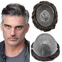 Vista 31 de Toupee para hombres pieza de pelo 0.002 in piel ultra fina para hombre Toupee cabello humano gris sistema de reemplazo para hombres sistema