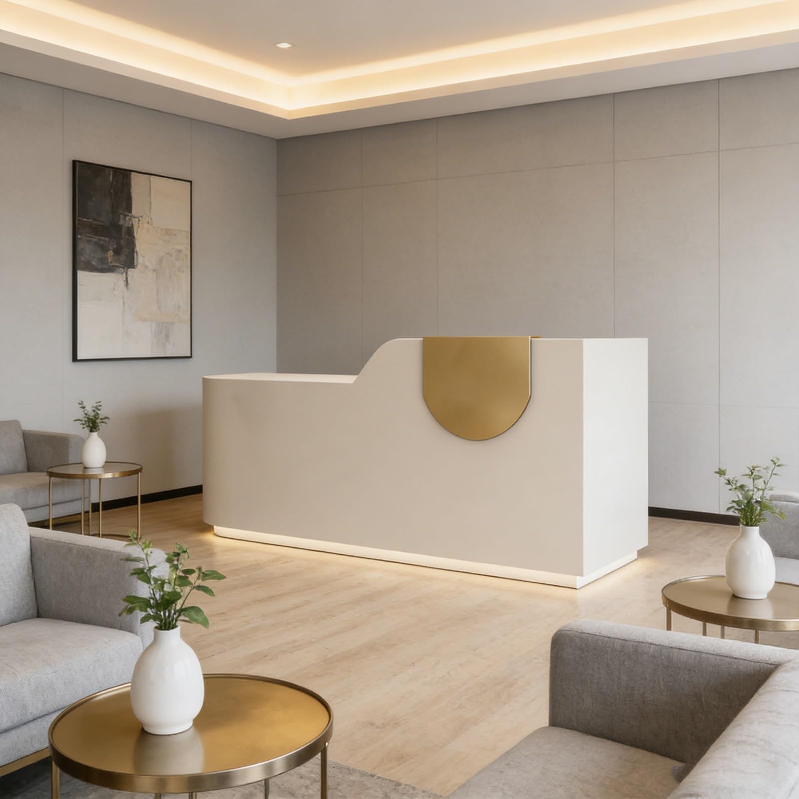 Banco di ricezione Moderno, con LED Luce Bancone Reception Ufficio, Armadio con ante, Non richiede installazione(Off-white,140cm)