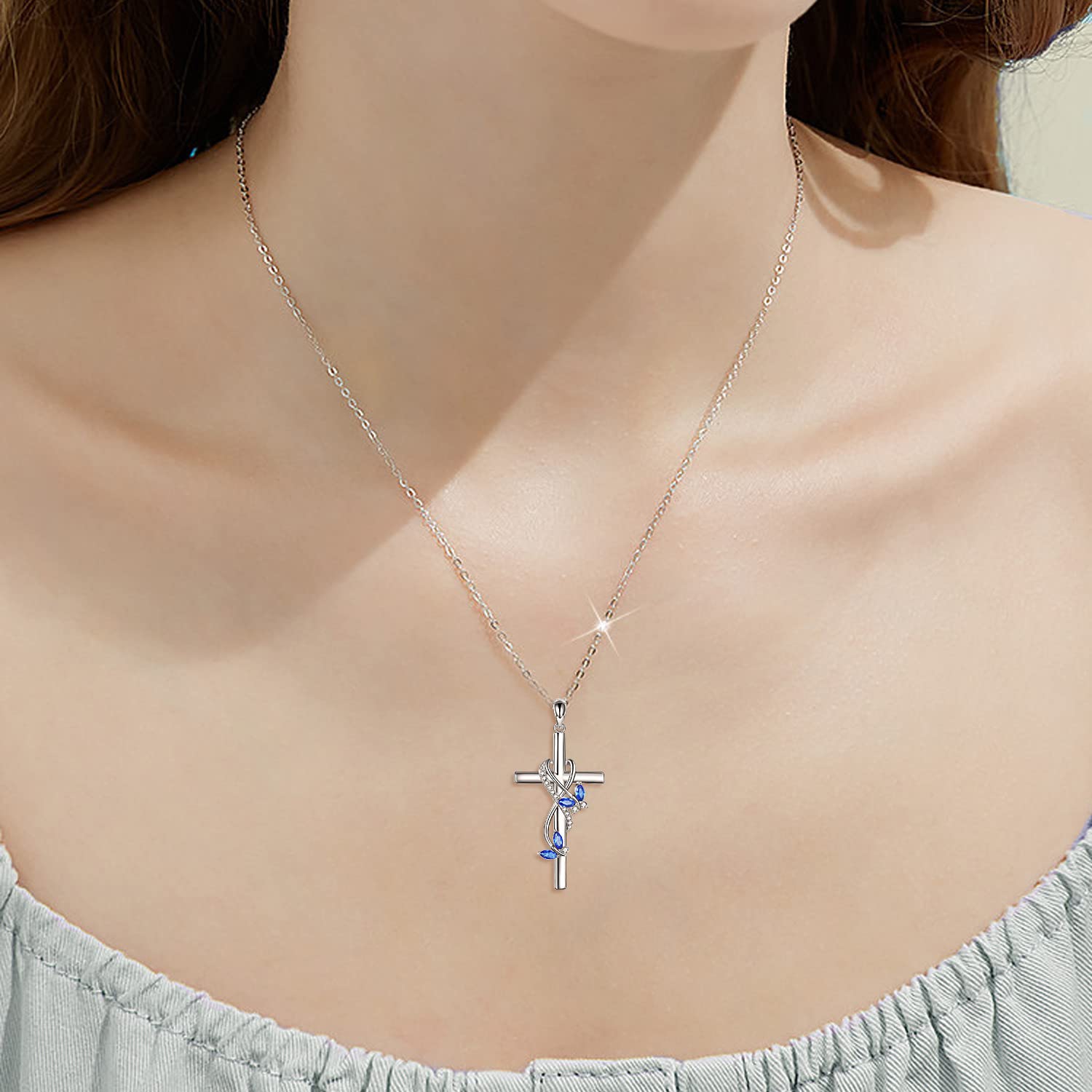 925 Sterling Silber Kreuz Halskette für Frauen, Meeresschildkröte Schmetterling Libelle Marienkäfer Kolibri Engelsflügel Zirkon Anhänger Halskette Sicherheit Silber Schmuck Kette Geschenke für Damen