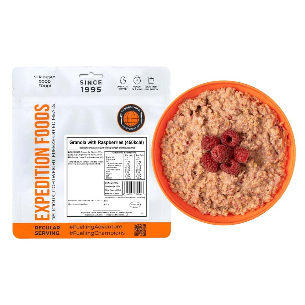 EXPEDITION FOODS Granola with Raspberries (Single Serving / 450KCAL) | Freeze-Dried Camping & Hiking Food