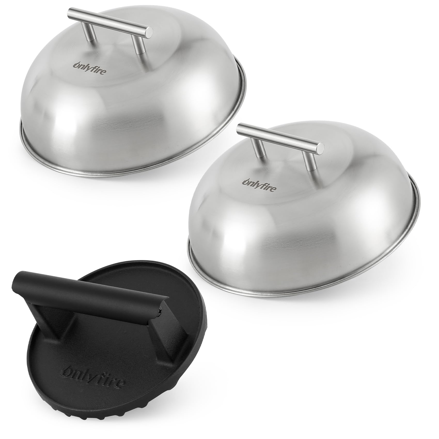 Onlyfire Set Smash Burger 3 Pièces, Presse à Burger Fonte et 2 Cloches Cuisson Acier Inoxydable, Kit Plancha Barbecue