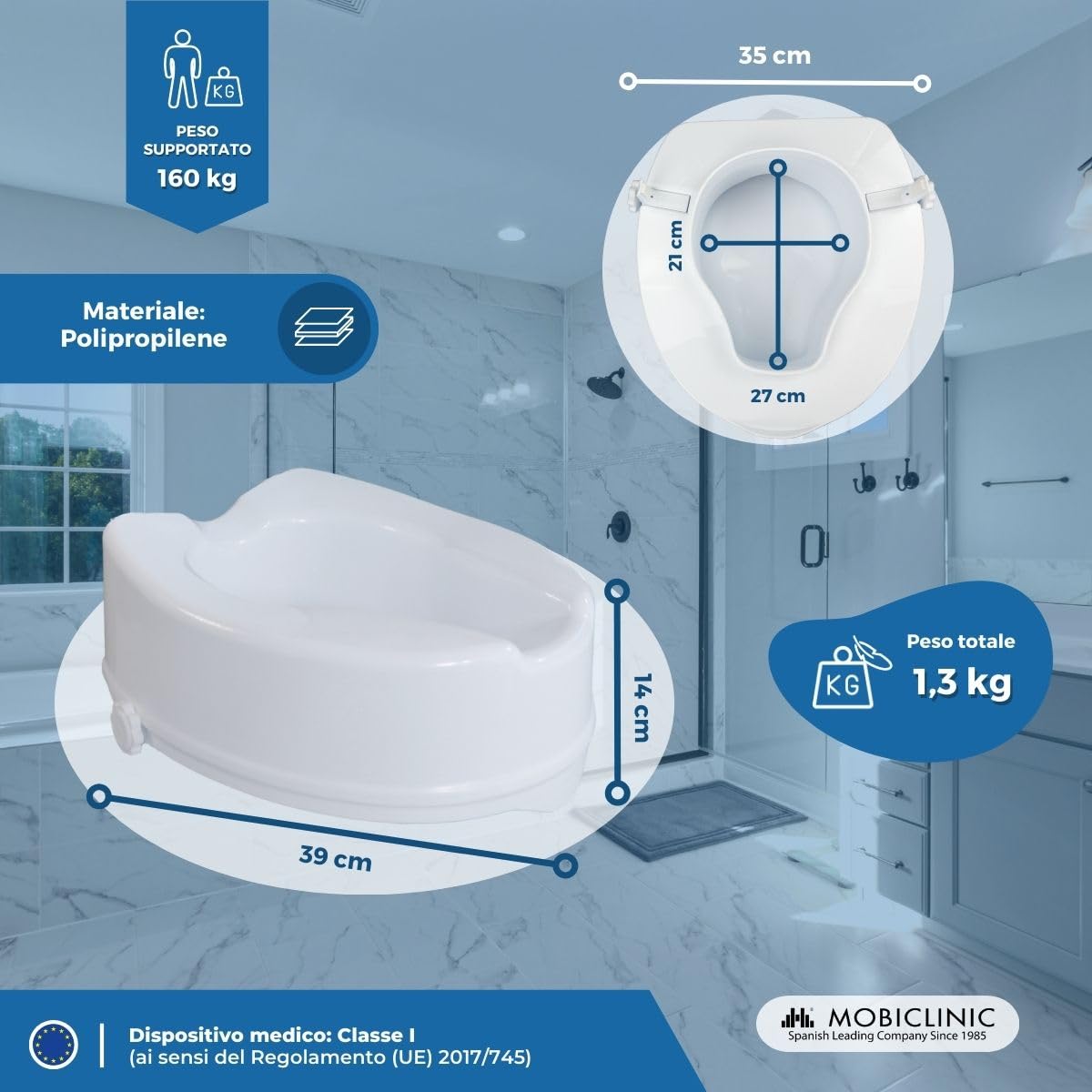 Mobiclinic, Rialzo WC per Anziani, Altezza 14 cm, Marchio europeo, Alza water, Bidet, Disabili, Senza coperchio, Ausili, Plastica, Regolabile, Bianco, Titán