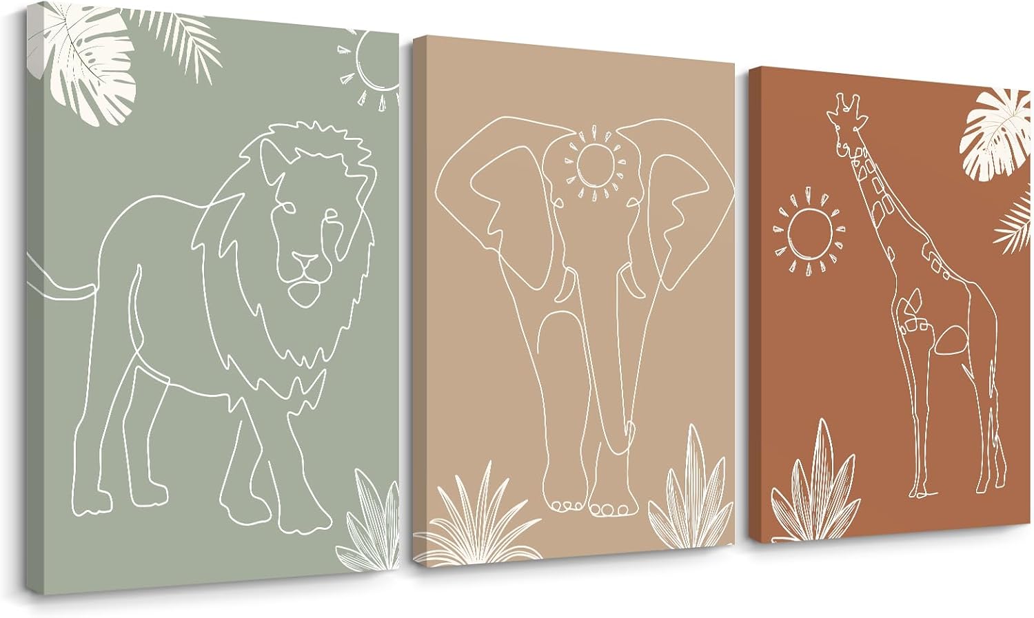 Safari Nursery Wall Art Pictures Baby Animal Canvas Wall Decor Boho Jungle Wall Art Kids Minimalist Poster Elephant Giraffe Lion Prints Nursery Safari Artwork for Bedroom 12x16 Wrapped Canvas Set of 3