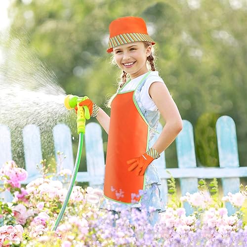 Miniatura 6 de Juego de herramientas de jardín para niños con sombrero para el sol, guantes, delantal, bolsa de almacenamiento, regadera, 2 macetas y 3