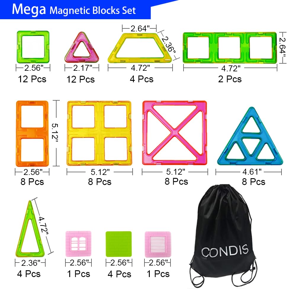 CONDIS Magnetyczne klocki 72-częściowy zestaw Mega Set – XXL (2 ×) i standardowe bloki, karty okienne, miętowa zabawka edukacyjna od 3+ do domu i przedszkola, z workiem materiałowym