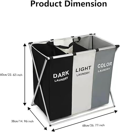 Miniatura 3 de Cesta de lavandería mejorada de 136 litros, clasificadora de 3 secciones, impermeable y plegable, bolsa de almacenamiento para ropa sucia, juguetes,