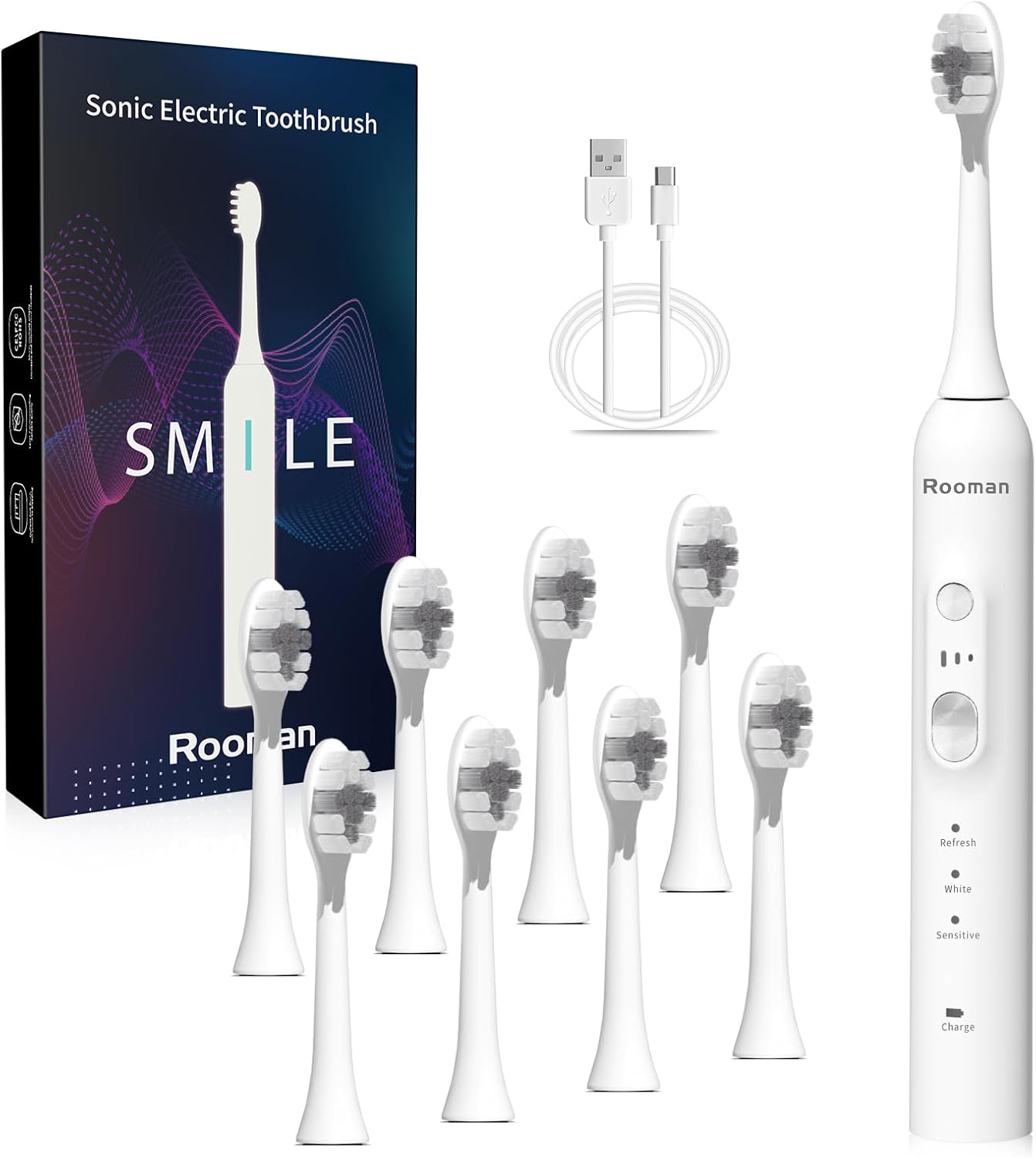 Rooman Electric Toothbrush for Adults with 8 Brush Heads, 40,000 VPM Sonic Toothbrush, IPX7 Waterproof, 4-Hour Charging, 90 Days of Continuous use, 3 Modes, Built-in Smart Timer (White) Rooman Electric Toothbrush for Adults with 8 Brush Heads, 40,000 VPM Sonic Toothbrush, IPX7 Waterproof, 4-Hour Charging, 90 Days of Continuous use, 3 Modes, Built-in Smart Timer (White)
