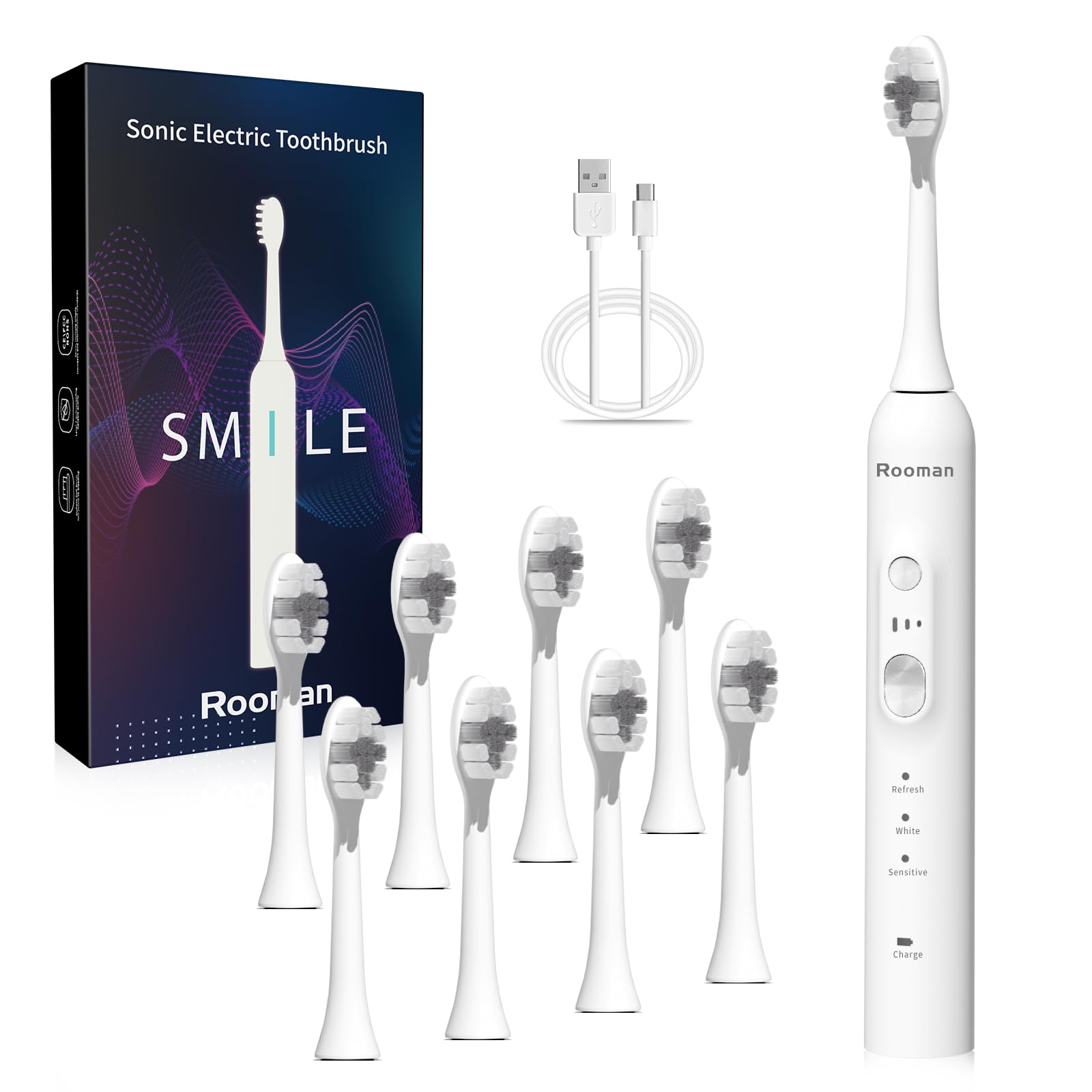 Rooman Electric Toothbrush for Adults with 8 Brush Heads 40 000 VPM Sonic Toothbrush IPX7 Waterproof 4-Hour Charging