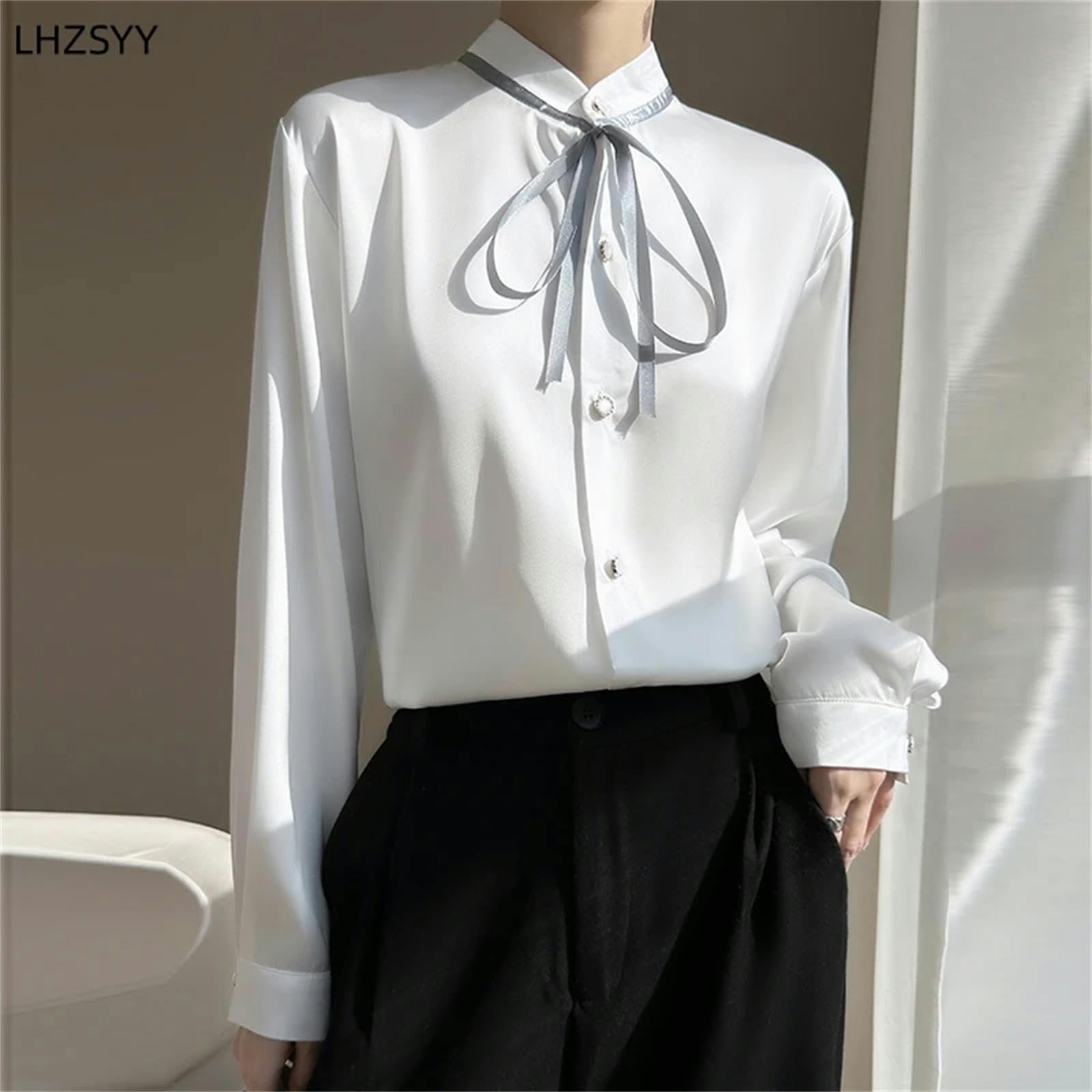 Bluse Damen Cardigan Stehkragen Satin Shirt Frauen Frühling Stil Bluse Langarm Top-Weiss-m