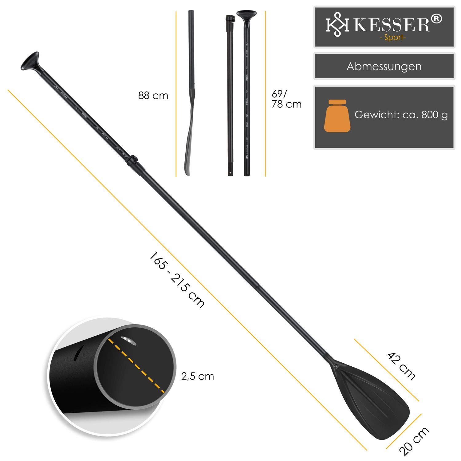 KESSER® Paddle - 3-teilig für Kayak SUP Stand-Up Paddling Board Stechpaddel, Verstellbar Teleskop 165cm-215cm Aluminum für Stand Up Paddel Kajakfahren Surfboard Boot Anti-Rutsch Stecksystem