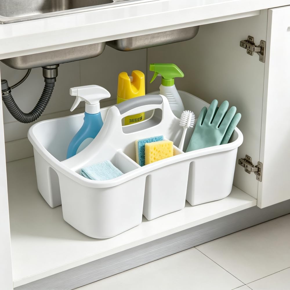 Divided Plastic Cleaning Caddy with Carry Handle | Four separated compartment,Anti-tall-bottle raised wall,Under-sink compatible sizing,BPA phthalate-free,Multi-tool classified