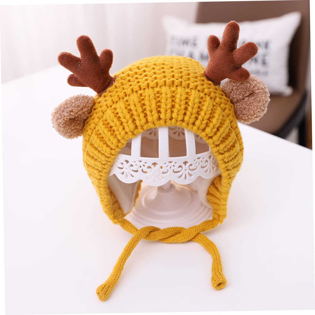 SHERCHPRY Gorro Navideño De Asta Sombrero De Venado De Navidad Gorro De Bebe Gorra con Forro Polar para Bebé Gorro De Reno Gorro De Punto con Forro Polar para Bebé Yellow