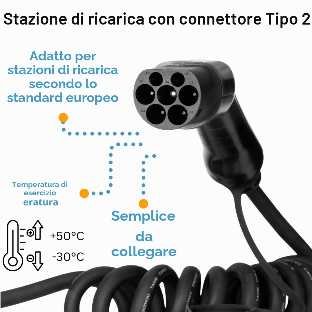 Cavo di Ricarica Tipo 2 per Auto elettriche, 16 A, 3 Fasi, 3 m a Spirale – Soluzione di Ricarica VE Durevole e Flessibile