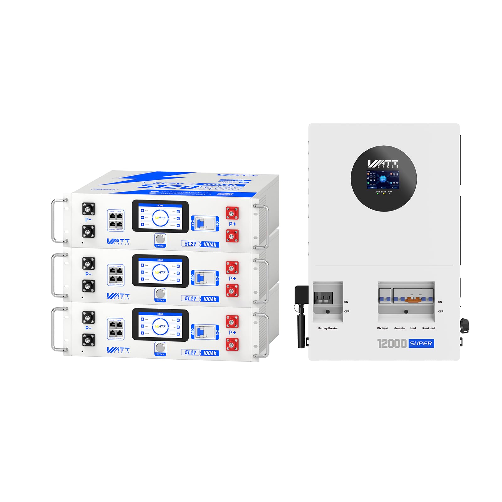 WattCycle 12kW 200A Bypass Inverter with 3×48V 100Ah Rack Batteries