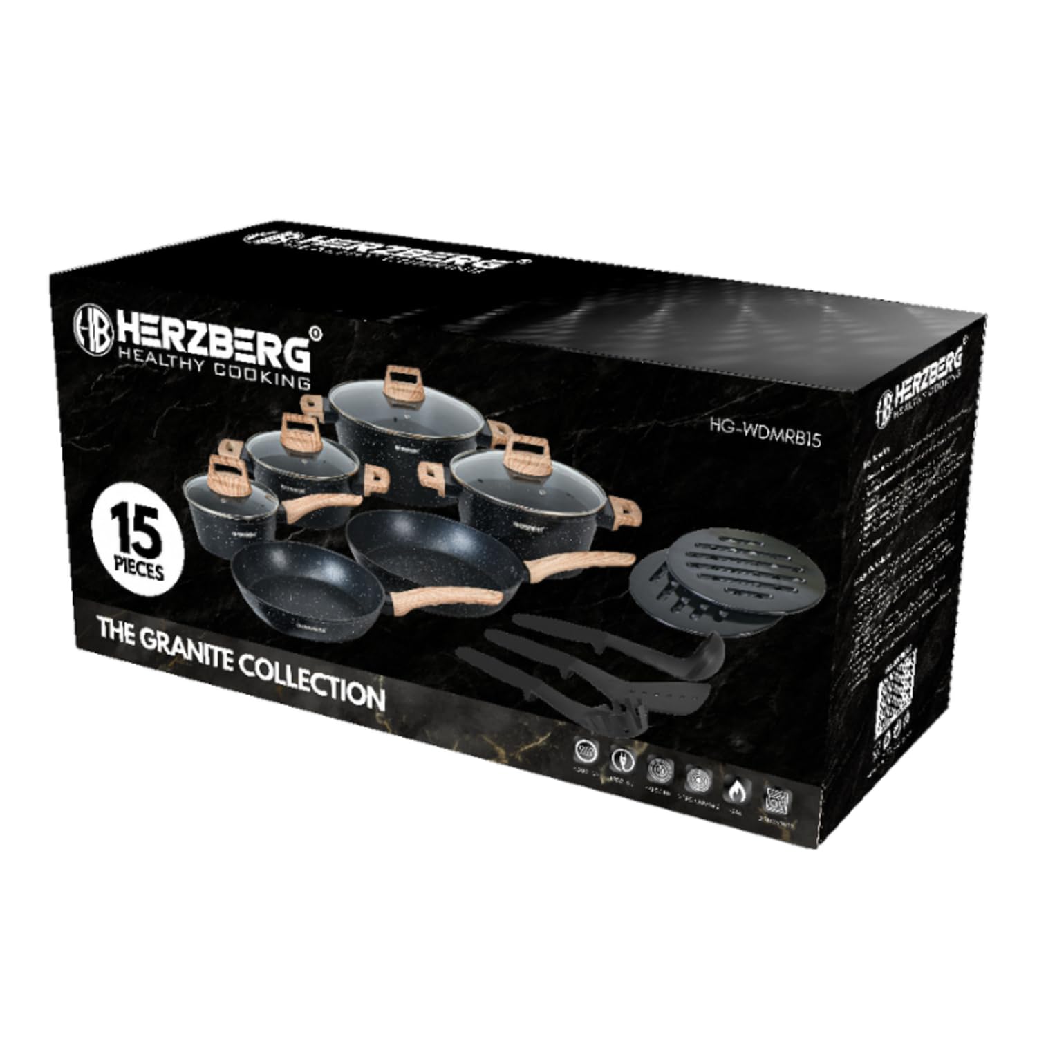 Herzberg Batterie de Cuisine 15 Pièces Aluminium Forgé HGWDMRB15, Noir | aluminium forgé, revêtement antiadhésif, couvercles en verre, ustensiles inclus, induction, lave-vaisselle