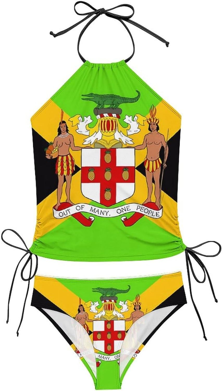 Jamaican Coat of Arms Flag Women's Tankini Swimsuit Two Piece Tummy Control Bathing Suits Tie String Swimwear