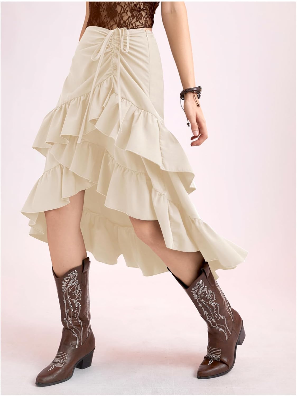 MakeMeChic Women's Asymmetrical Ruffle Wrap Midi Skirts Western Cowgirl Skirts Flowy Drawstring High Low Skirts