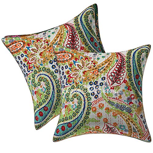 ManionaCrafts Indian Kantha Work Cotton Cushion Cover Paisley Handmade