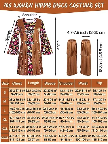 AOTHSO 8 Piece 70s Women Hippie Costume Peace Sign Earring Necklace Headband Dress Leg Sleeves Tassel Bag for Halloween Disco - Image 2