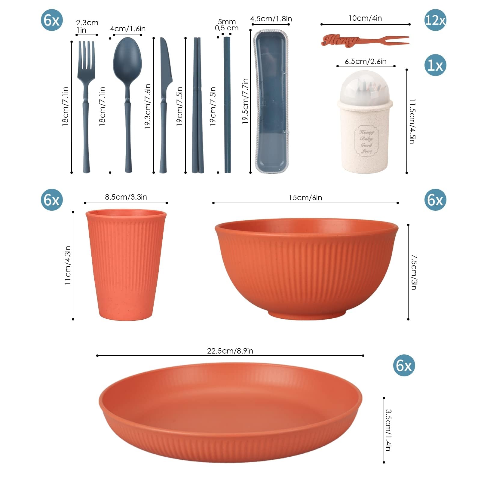 Ensembles de vaisselle incassables de 66 pièces pour 6 personnes, service de table réutilisable, service de table de camping à domicile Assiettes, bols, tasses, couverts, fourchettes en plastique