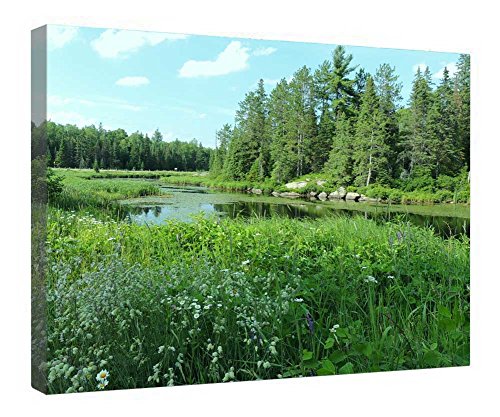 Impression sur toile étang cadre bois tableau paysage campagne 40x50 cm déco murale